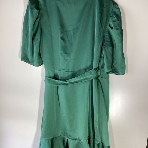 Keepsake The Label Green Satin Wrap Dress | Ruffle Short Sleeve Mini | Size L - Picture 12 of 15